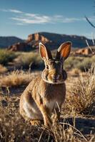 A close-up of a rabbit in a desert landscape with rocky formations in the background. photo