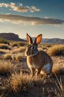 A rabbit stands in a desert landscape during sunset, surrounded by grass and distant mountains. photo