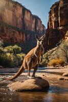 A kangaroo stands on a rock in a serene river surrounded by towering cliffs and lush vegetation. photo