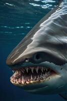 A close-up of a shark showcasing its sharp teeth and powerful presence underwater. photo