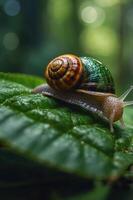 A close-up of a colorful snail crawling on a green leaf in a lush environment. photo