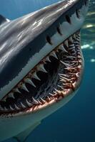 A close-up of a shark displaying its sharp teeth underwater. photo