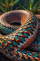 A close-up of a colorful snake's scales showcasing intricate patterns and textures. photo