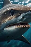 A close-up of a shark swimming underwater, showcasing its sharp teeth and detailed features. photo