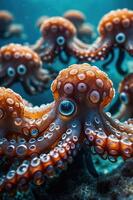 A vibrant underwater scene featuring multiple octopuses with intricate textures and colors. photo