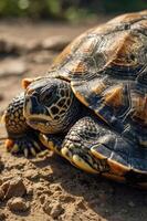 A close-up of a tortoise resting on the ground, showcasing its detailed shell patterns. photo