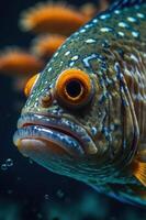 A close-up of a colorful fish showcasing intricate patterns and vibrant colors. photo