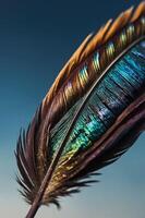 A close-up of a vibrant feather showcasing iridescent colors against a gradient background. photo
