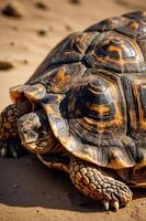 A close-up of a tortoise resting on sandy terrain, showcasing its distinctive shell patterns. photo