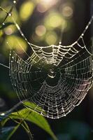 A close-up of a spider web glistening with dew in a natural setting. photo