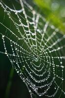 A close-up of a spider web adorned with dew drops, highlighting nature's intricate beauty. photo