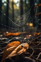 A close-up of a spider web adorned with dew, surrounded by autumn leaves in a forest. photo