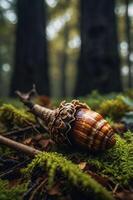 A close-up of a beautifully patterned acorn on moss in a forest setting. photo