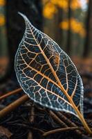 A close-up of a delicate leaf showcasing intricate vein patterns against a blurred forest backdrop. photo