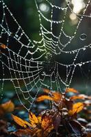 A close-up of a dew-covered spider web with autumn leaves in the foreground. photo