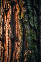 Close-up of textured tree bark with moss, showcasing natural patterns and colors. photo