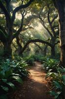 A serene forest path surrounded by lush greenery and majestic trees. photo
