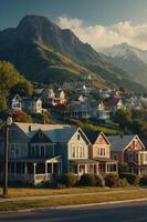 A scenic view of colorful houses on a hillside with mountains in the background. photo