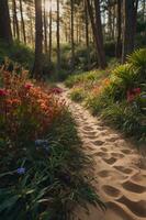 A serene pathway through a vibrant forest filled with flowers and soft sunlight. photo