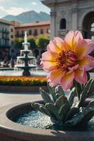 A vibrant flower in a fountain setting, surrounded by a picturesque plaza. photo