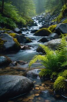 A serene stream flows through moss-covered rocks and ferns in a tranquil forest setting. photo