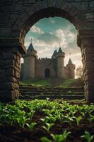 A scenic view of a castle framed by an archway, with lush green plants in the foreground. photo