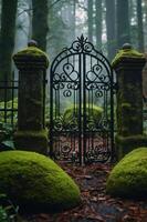 A misty forest gate surrounded by moss-covered stones, inviting exploration. photo