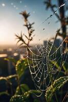 A close-up of a spiderweb adorned with dew drops, illuminated by soft morning light. photo