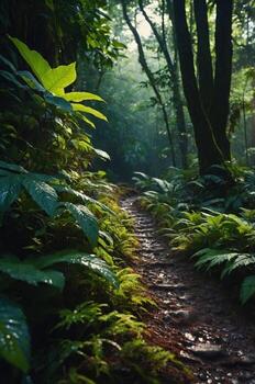 A serene forest path surrounded by lush greenery and soft light filtering through trees. photo