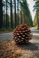 A large pine cone rests on a road surrounded by tall trees in a forest setting. photo