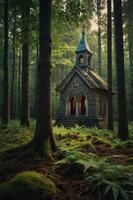 A quaint stone chapel nestled in a lush, green forest, illuminated by soft light. photo