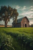 A rustic barn surrounded by lush green fields and a large tree under a cloudy sky. photo
