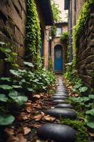 A serene alleyway lined with stones and greenery, leading to a blue door. photo