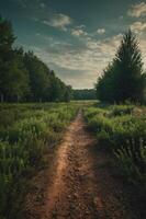 A serene dirt path leads through lush greenery under a cloudy sky. photo