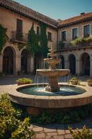 A serene courtyard featuring a central fountain surrounded by lush greenery and stone architecture. photo