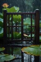 A serene wooden gate amidst rain-soaked lily pads and lush greenery. photo