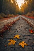 A serene dirt path lined with colorful autumn leaves and trees in a tranquil landscape. photo