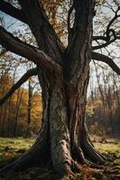A majestic tree with textured bark in a serene forest setting during autumn. photo