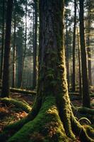 A serene forest scene featuring a moss-covered tree trunk amidst tall trees. photo