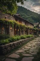 A serene stone pathway lined with rustic buildings and greenery, evoking calmness and charm. photo