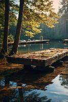 A serene lakeside view featuring a wooden dock surrounded by trees and calm waters. photo
