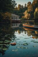 A serene lakeside scene with a boat and reflections of trees and a gazebo. photo