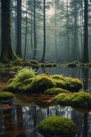 A serene forest scene with moss-covered rocks reflecting in still water. photo