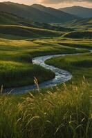 A serene landscape featuring a winding river through lush green fields and hills. photo