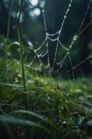A close-up of a spider web adorned with dew drops in a grassy environment. photo