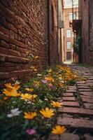 A narrow alley adorned with blooming flowers, showcasing nature's beauty amidst urban surroundings. photo