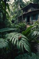 A colorful insect rests on a leaf in a lush, green environment near a rustic house. photo