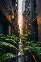 A narrow alleyway adorned with lush plants and soft sunlight filtering through buildings. photo