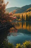 A serene lakeside scene with autumn foliage reflecting in calm waters. photo