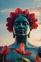 A serene statue of a woman adorned with a floral crown, surrounded by blooming tulips. photo
